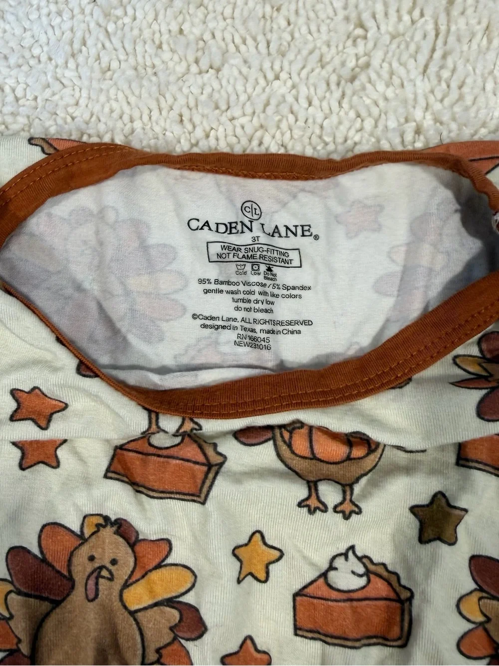 Caden Lane Cream Long Sleeve Turkey Print pajamas with Rust Trim 3T